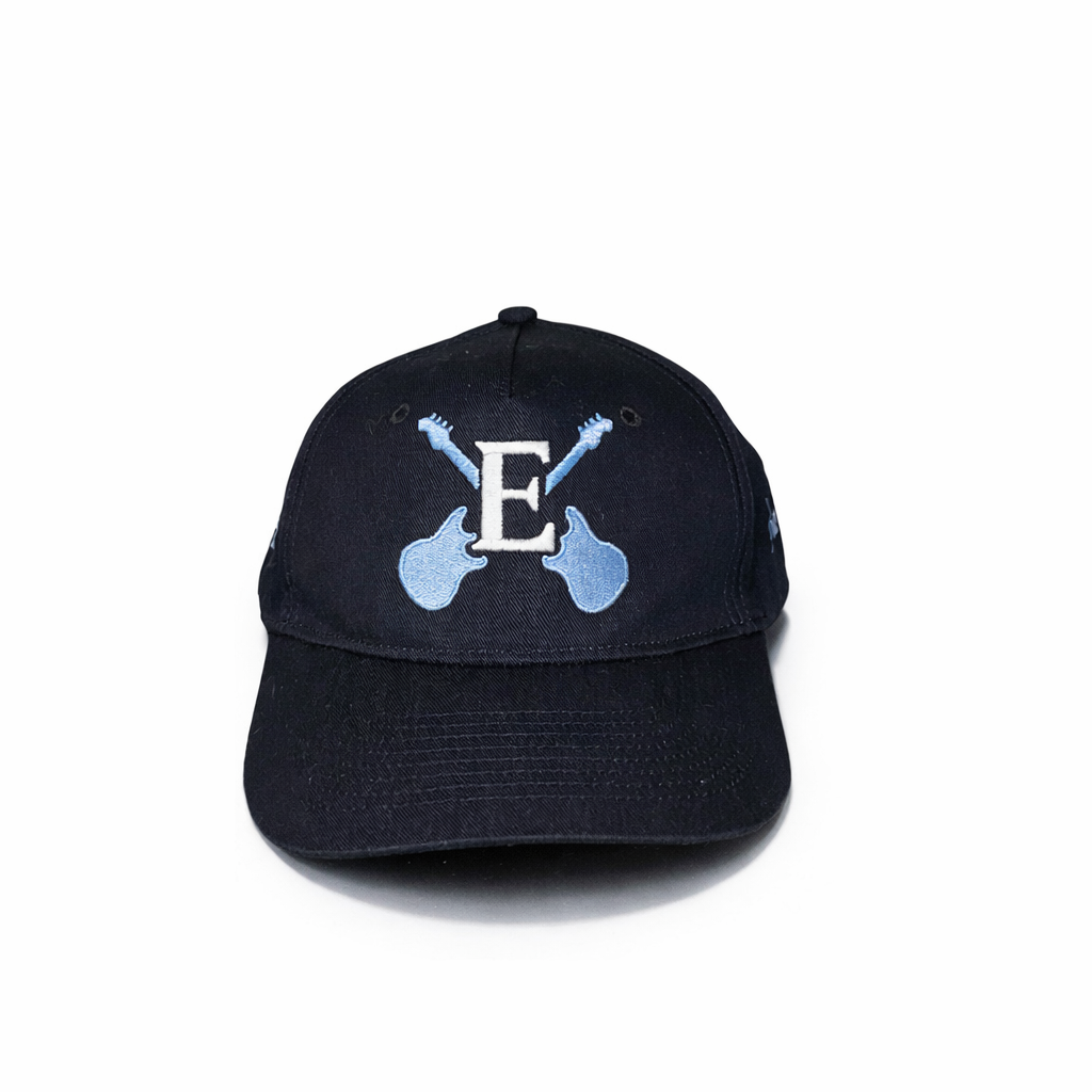 Black Entrez embroidered hat with blue guitars logo